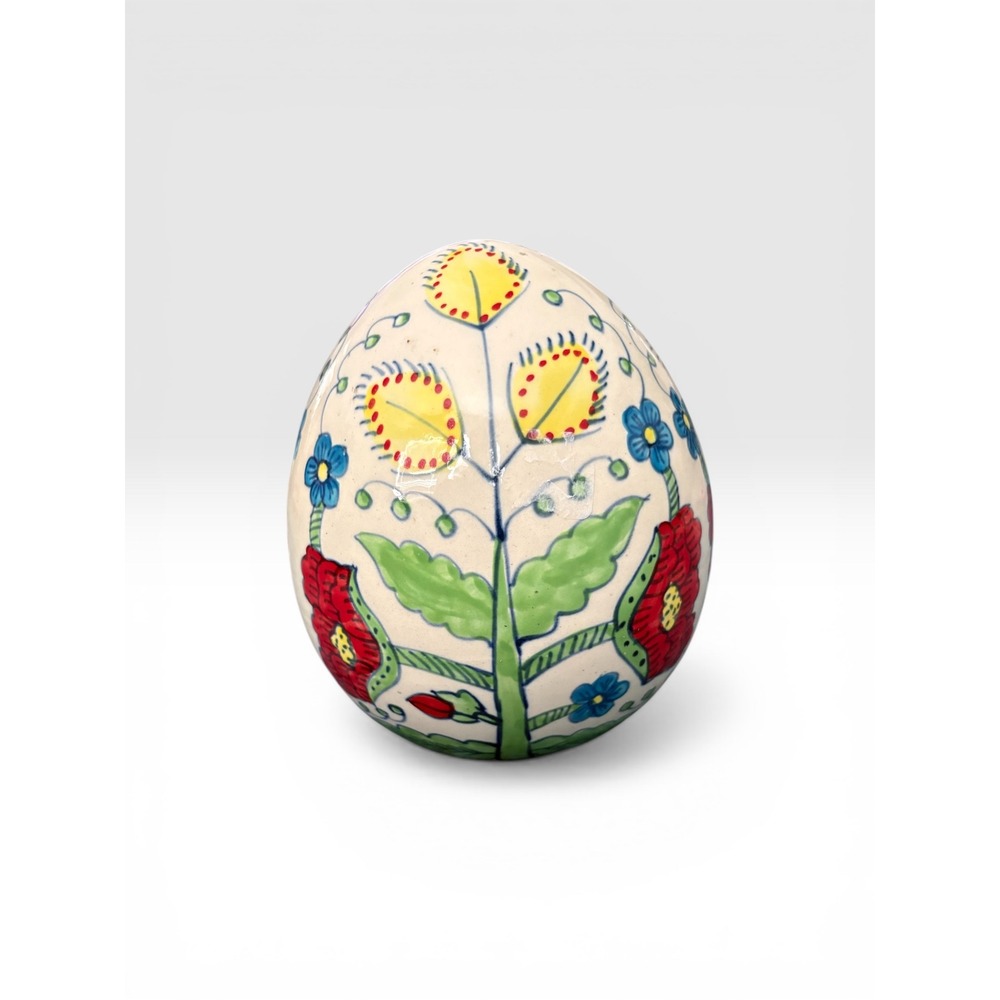 Hand Painted Ceramic Folk Art Floral Egg Figurine Red Yellow Glazed Decor 8 inch